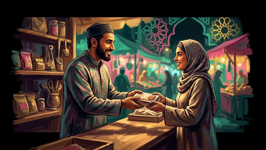 Muslim entrepreneurs scene of a business owner serving a happy customer