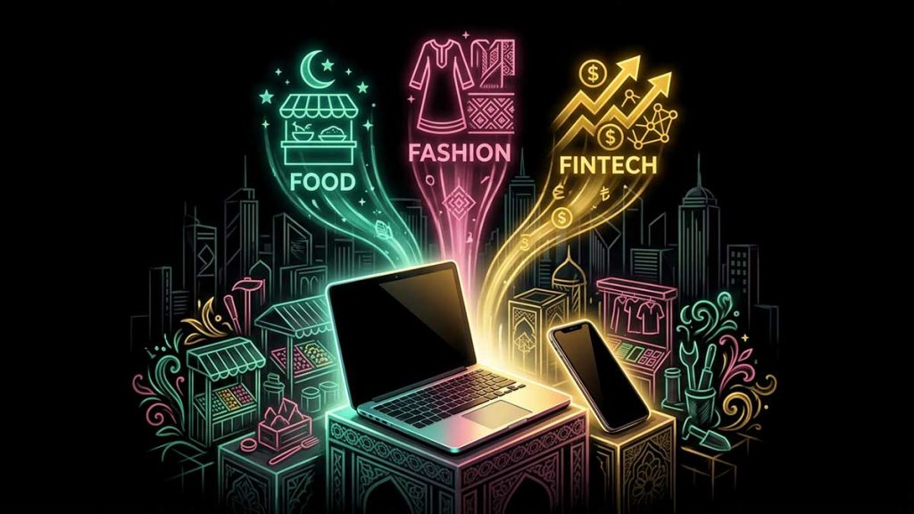 Muslim entrepreneurs painting of modern halal-economy startup icons