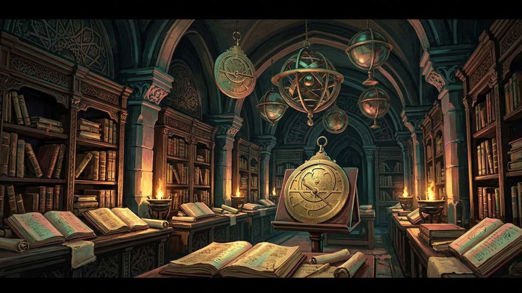 Muslim inventors artwork of a golden-age library of science and manuscripts
