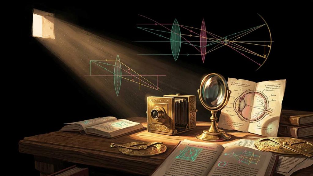 A camera obscura and light-ray optics diagram
