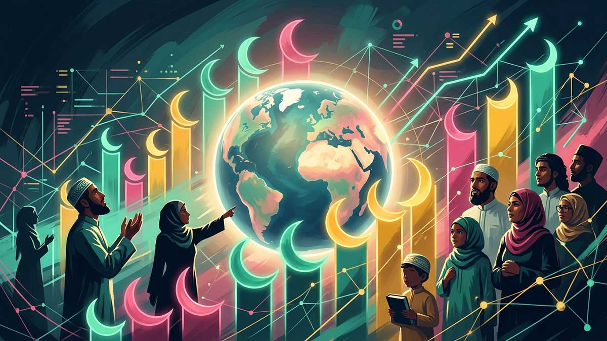 Muslim population painting of a globe and rising chart of crescents