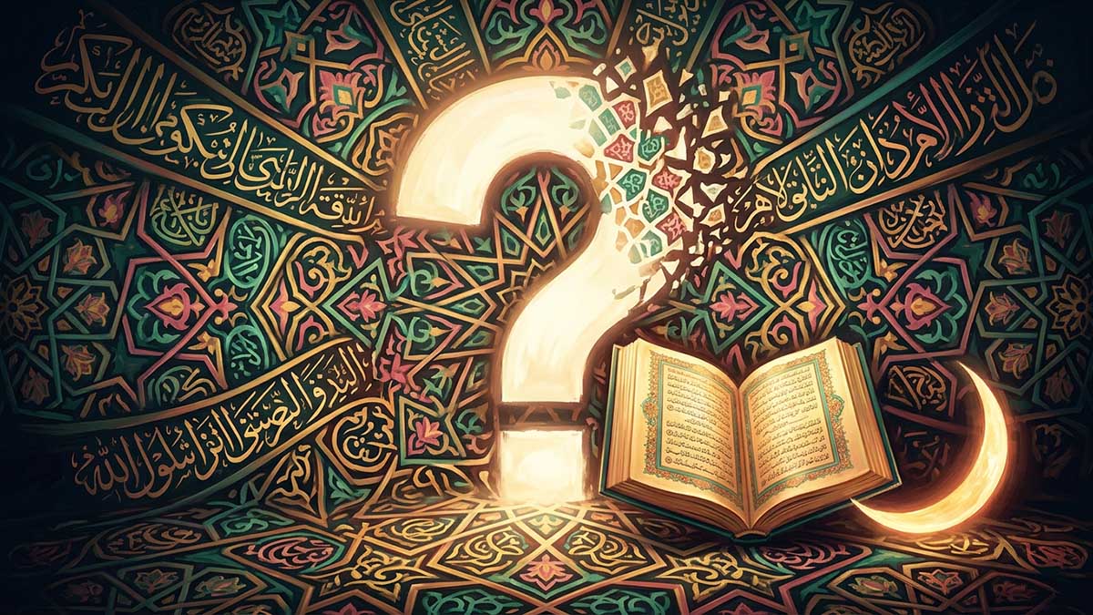 Questions about Islam painting of a question mark, Quran and crescent
