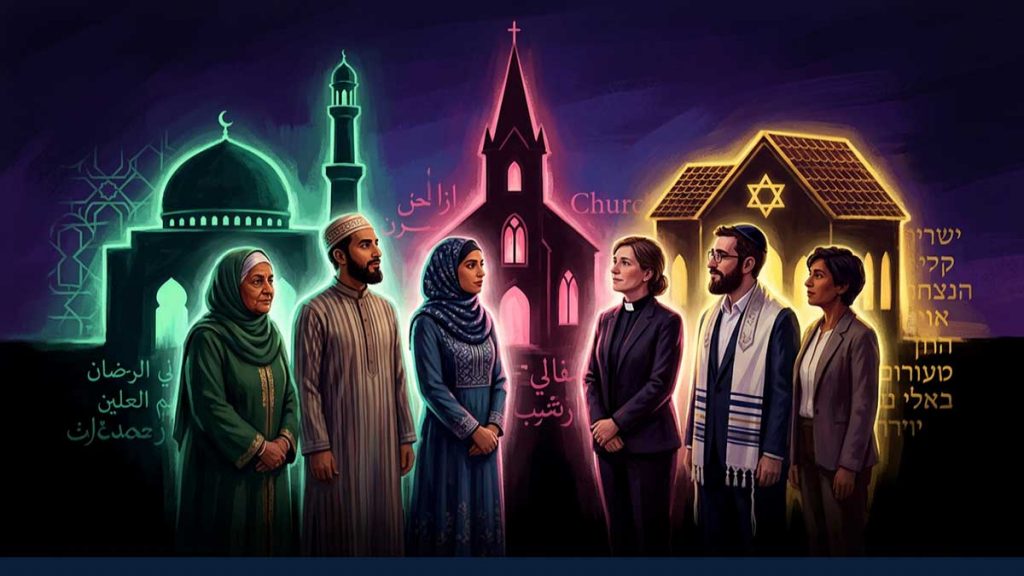 People of different faiths standing together near their places of worship