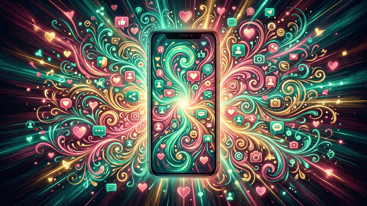 Social media and Islam painting of a phone with icons and geometric patterns