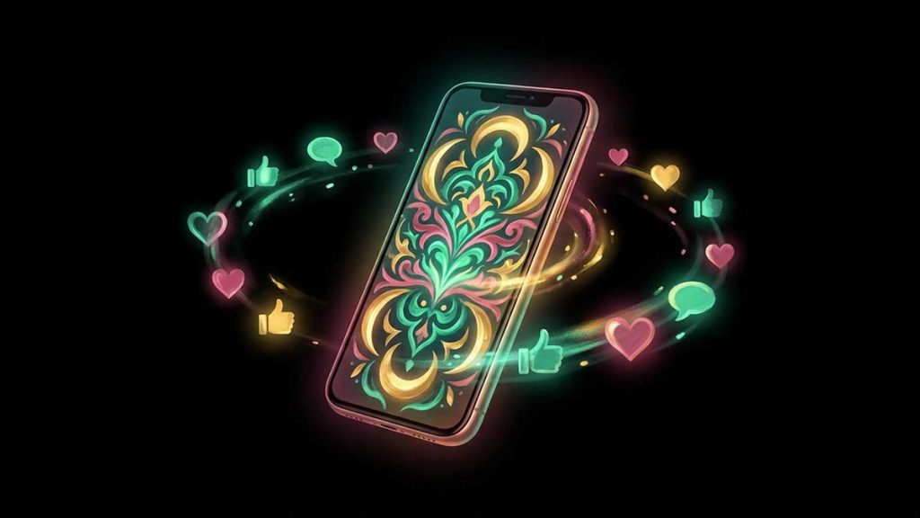 Social media and Islam illustration of a phone blossoming into Islamic patterns
