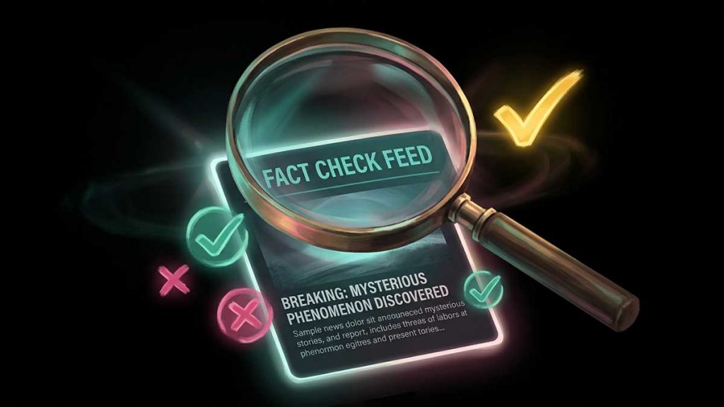 A magnifying glass verifying a news post