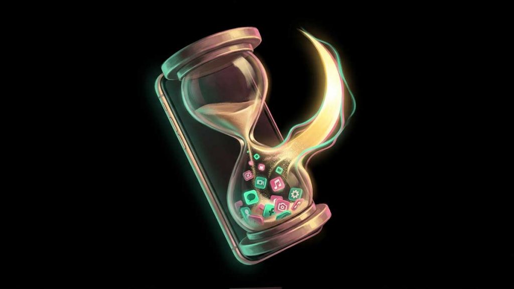 An hourglass merging with a smartphone symbolising time