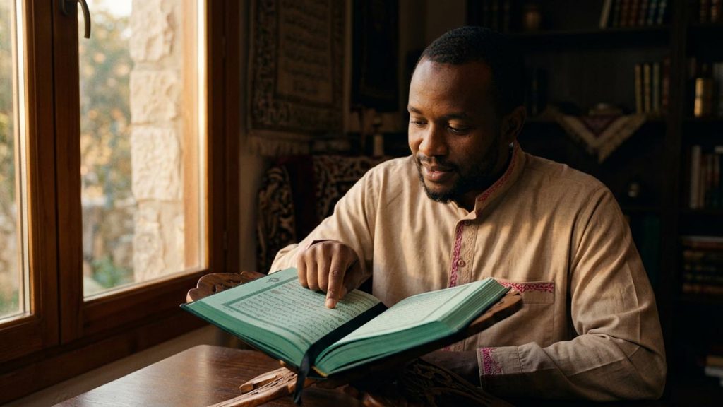 A Muslim man beside a window with the Quran open on a stand, an opening scene for the Ayat al-Kursi.