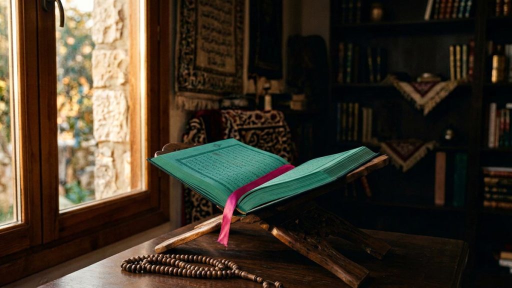 A still-life of an open Quran on a carved stand showing a marked page beside prayer beads, illustrating the Ayat al-Kursi.