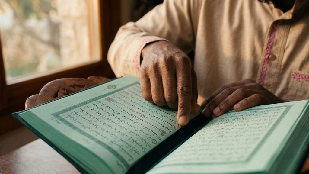 Close view of a Muslim man's hands and the open Quran during the Ayat al-Kursi.
