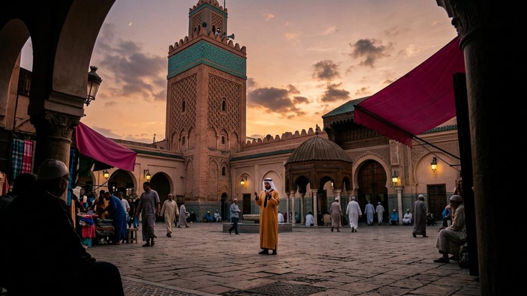 A Muslim man in a courtyard beneath a mosque minaret at prayer time, an opening scene for the Dua After Adhan.