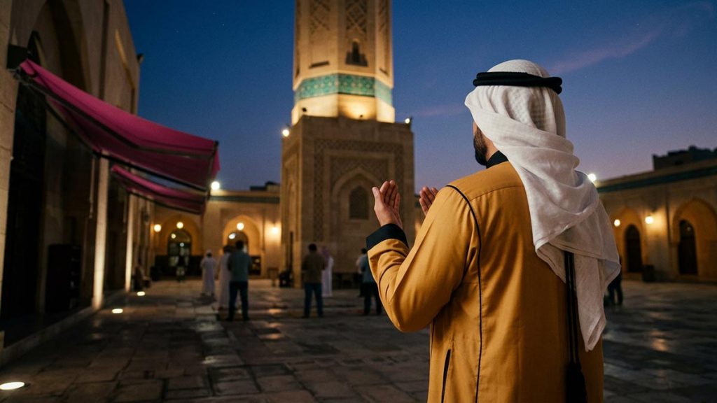 A Muslim man seen from behind in a courtyard beneath a mosque minaret at prayer time, reflecting the Dua After Adhan.