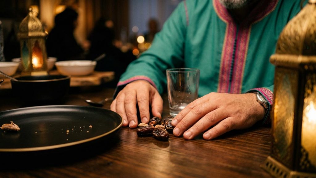 Close view of a Muslim man's hands and the date stones and an emptied glass during the Dua After Breaking the Fast.