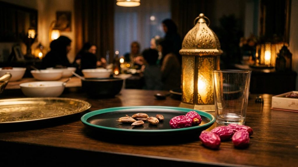 A still-life of date stones and an emptied glass on a table after breaking the fast, illustrating the Dua After Breaking the Fast.