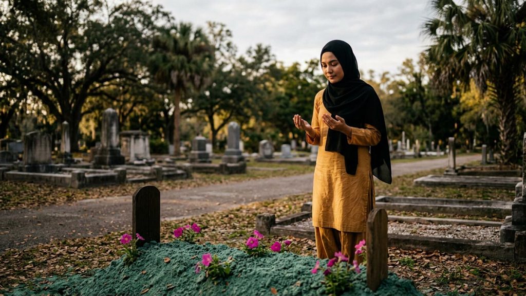 A Muslim woman at the quiet edge of a cemetery after the burial, an opening scene for the Dua After Burial.