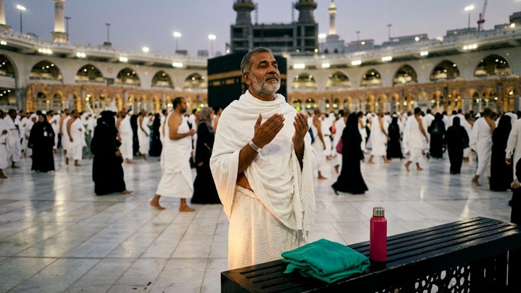 A Muslim pilgrim in the Sacred Mosque courtyard at the end of the pilgrimage, an opening scene for the Dua After Completing Hajj.