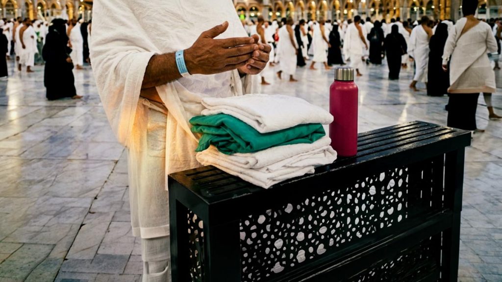 Close view of a Muslim pilgrim's hands and the folded white pilgrim garments during the Dua After Completing Hajj.