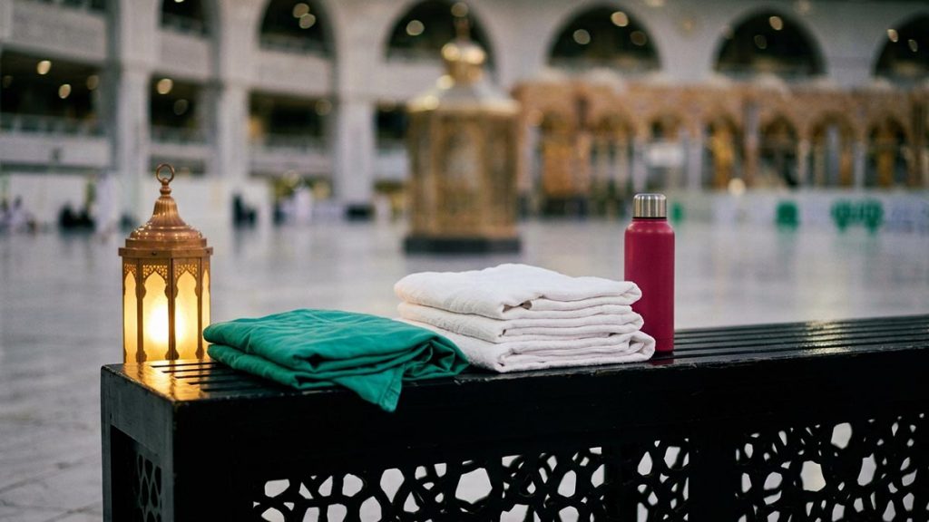 A still-life of folded white pilgrim garments set aside at the pilgrimage's end, illustrating the Dua After Completing Hajj.