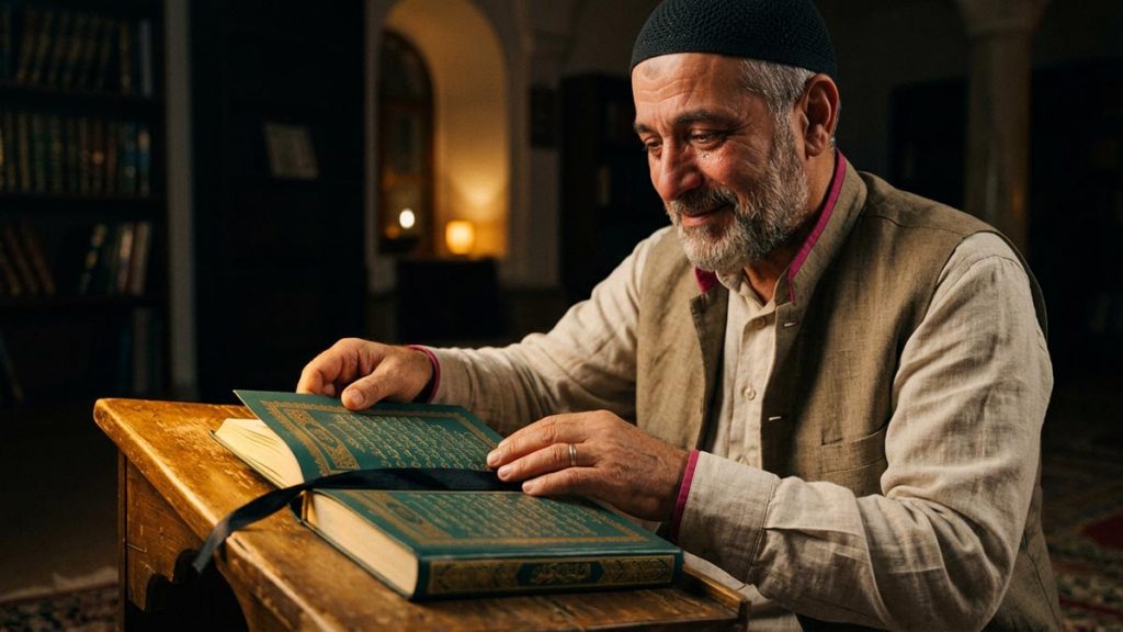 A Muslim man at a reading stand where the final page has been reached, an opening scene for the Dua After Completing the Quran.