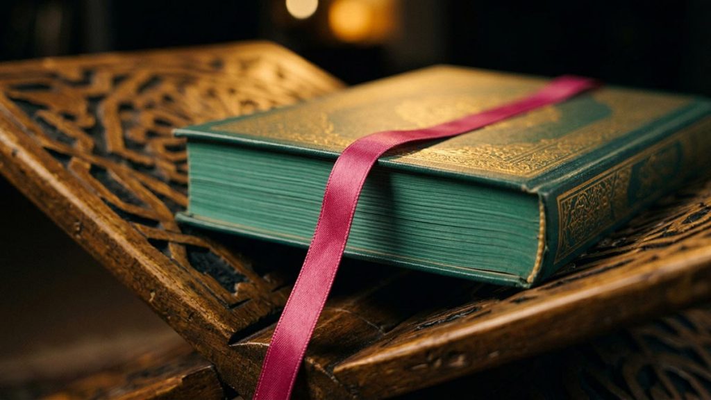 A still-life of a mushaf closed on its final page with a ribbon marker across it, illustrating the Dua After Completing the Quran.