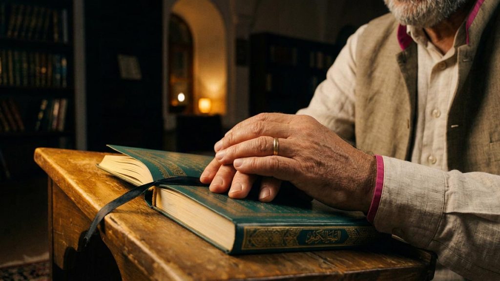 Close view of a Muslim man's hands and the mushaf closed during the Dua After Completing the Quran.