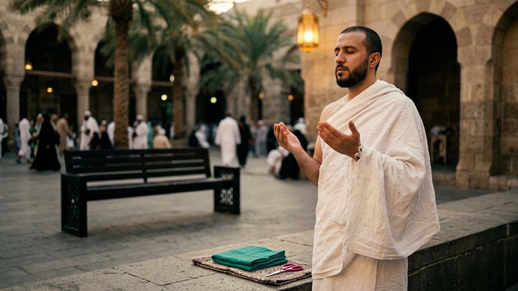 A Muslim pilgrim in the courtyard after the lesser pilgrimage is complete, an opening scene for the Dua After Completing Umrah.