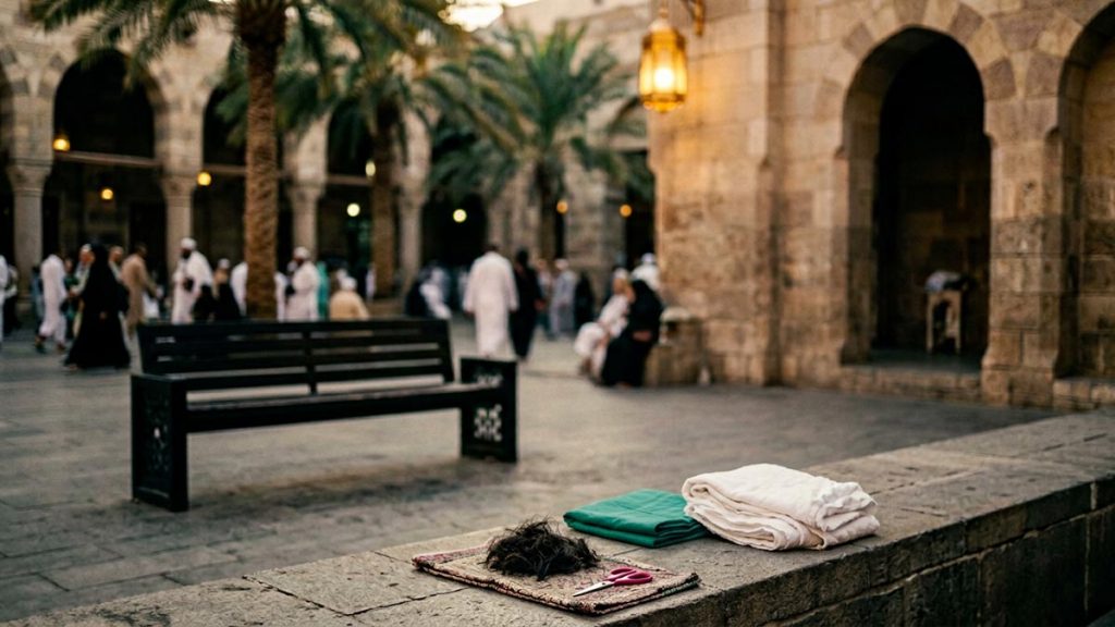A still-life of a cut lock of hair and folded white cloth marking the rite's completion, illustrating the Dua After Completing Umrah.