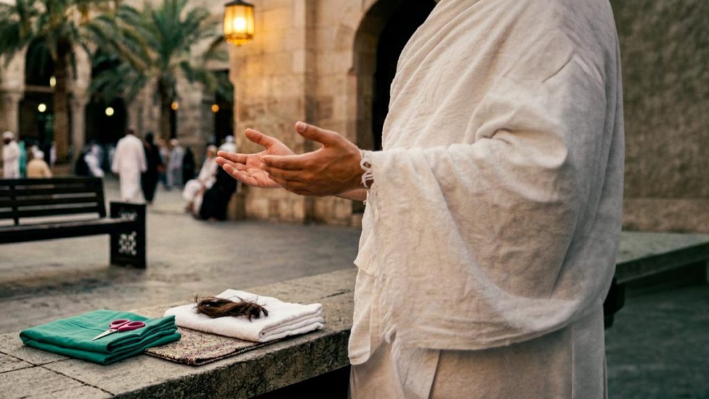 Close view of a Muslim pilgrim's hands and the cut lock of hair and folded white cloth marking the rite's completion during the Dua After Completing Umrah.