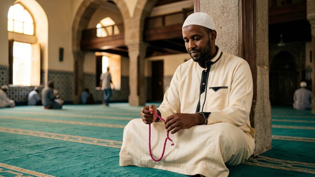 A Muslim man seated in a mosque hall after the midday prayer, an opening scene for the Dua After Dhuhr.