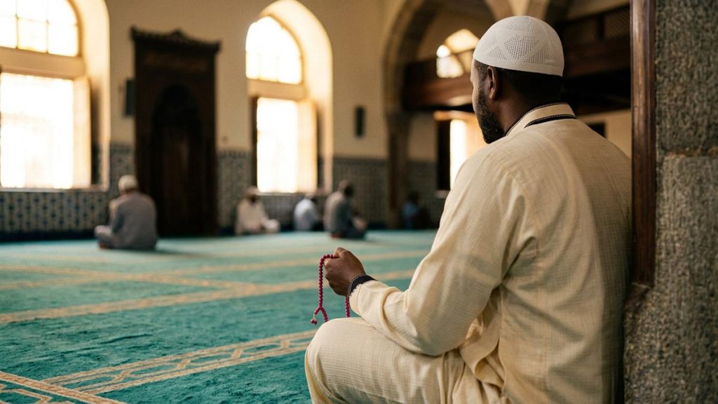 A Muslim man seen from behind seated in a mosque hall after the midday prayer, reflecting the Dua After Dhuhr.