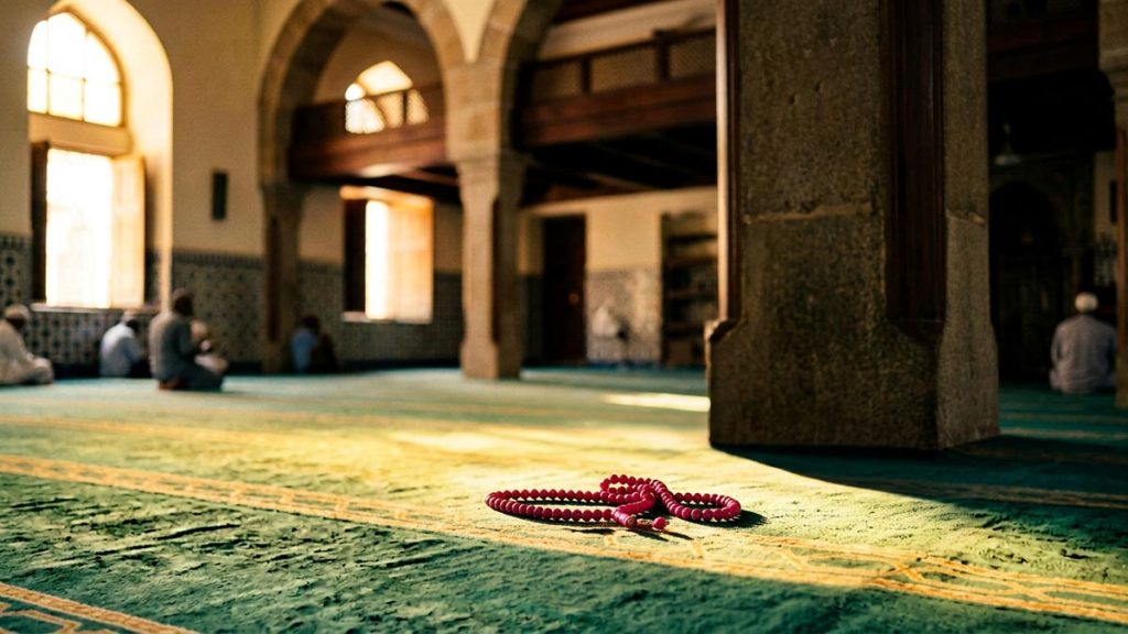A still-life of prayer beads on a carpet in the strong light of midday, illustrating the Dua After Dhuhr.
