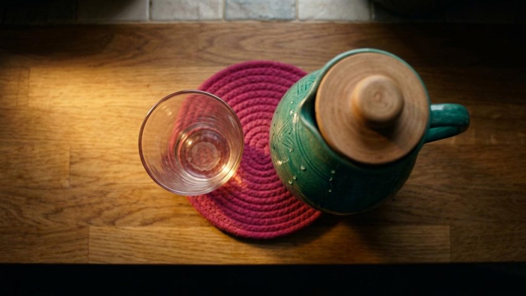 A still-life of an emptied glass beside a water jug with droplets running down the side, illustrating the Dua After Drinking.