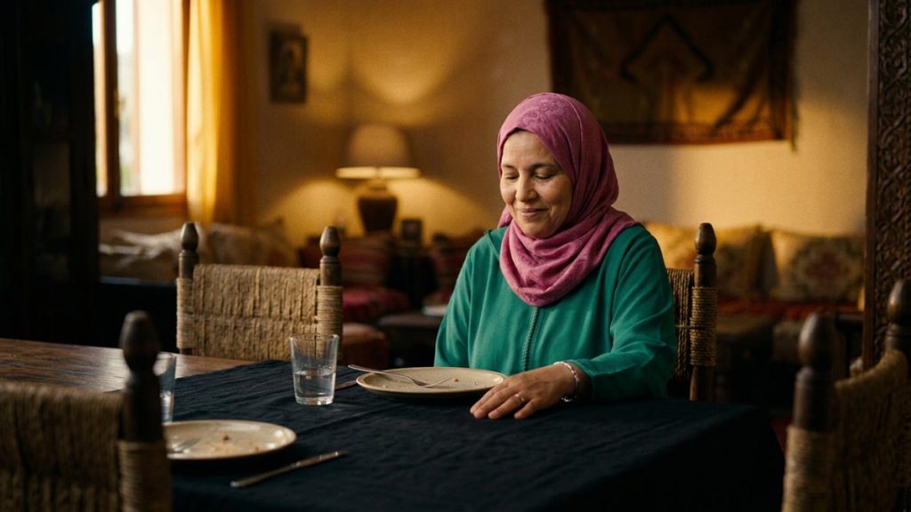 A Muslim woman at a dining table after the meal, an opening scene for the Dua After Eating.