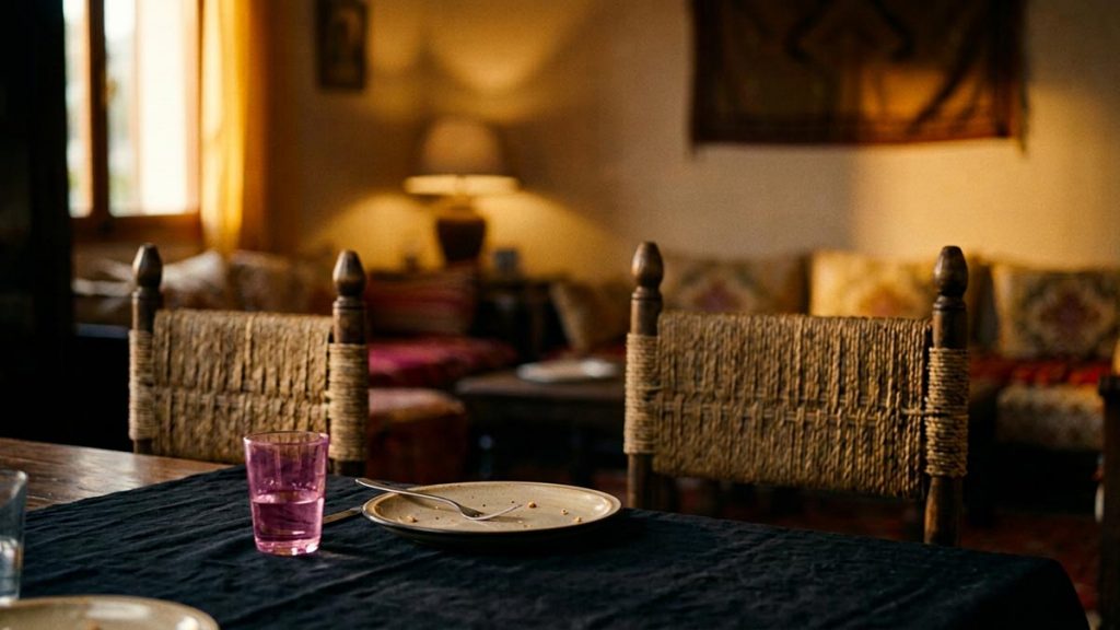 A still-life of an empty plate, crumbs and a half-full glass of water after a meal, illustrating the Dua After Eating.
