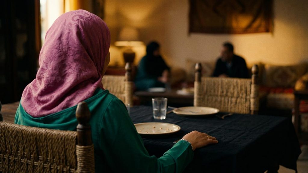 A Muslim woman seen from behind at a dining table after the meal, reflecting the Dua After Eating.