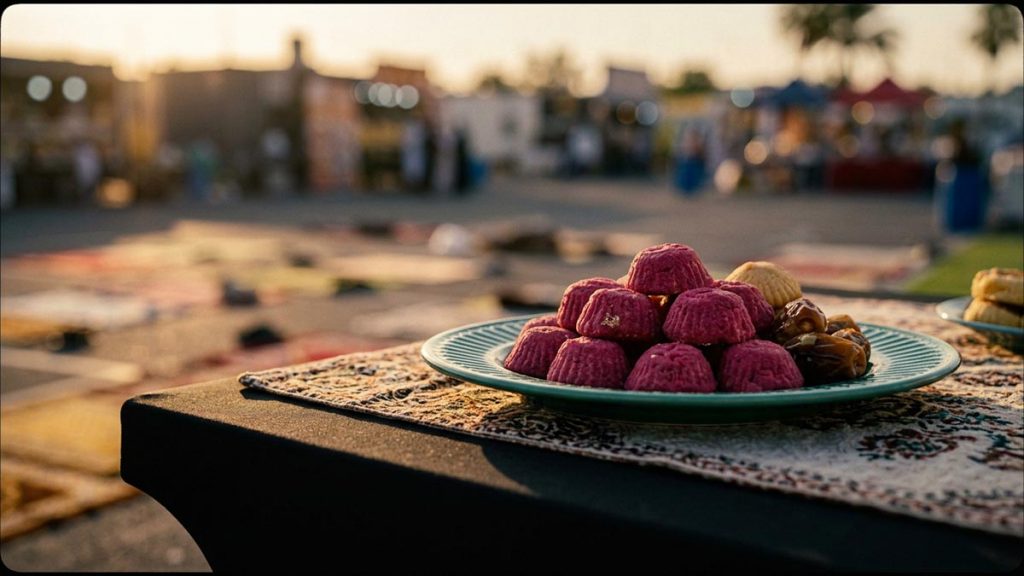 A still-life of a plate of festival sweets set out after the Eid prayer, illustrating the Dua After Eid Prayer.
