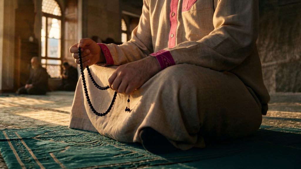 Close view of a Muslim man's hands and the prayer beads during the Dua After Fajr.
