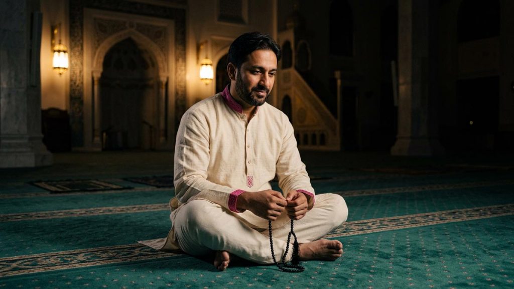 A Muslim man in a quiet mosque hall after the night prayer, an opening scene for the Dua After Isha.