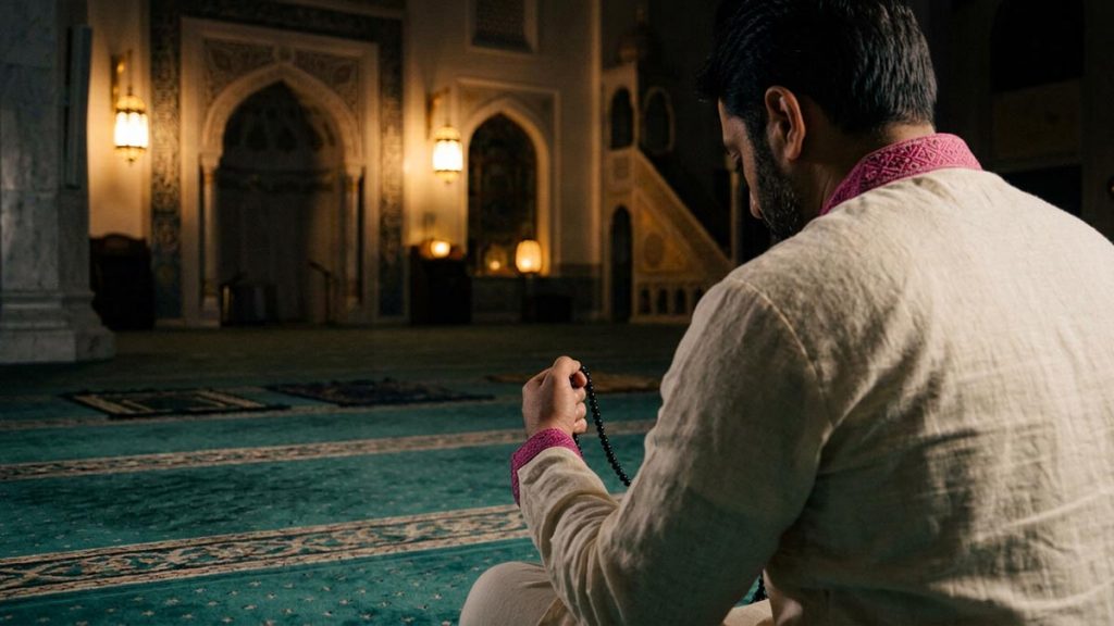 A Muslim man seen from behind in a quiet mosque hall after the night prayer, reflecting the Dua After Isha.