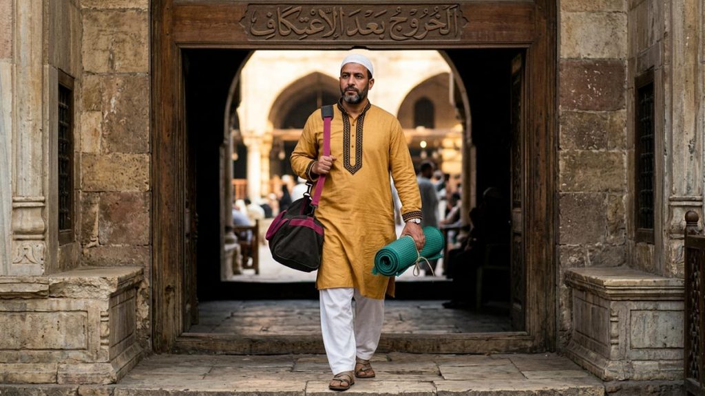 A Muslim man at the mosque door on leaving after the days of seclusion, an opening scene for the Dua After Itikaf.