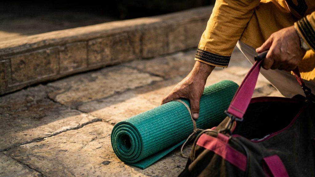 Close view of a Muslim man's hands and the rolled mat and a bag during the Dua After Itikaf.