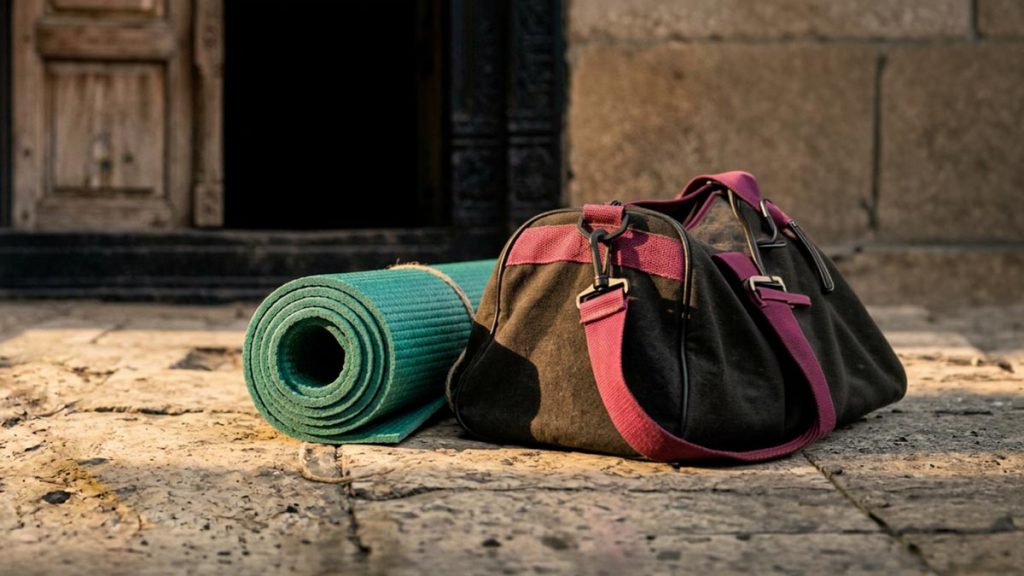 A still-life of a rolled mat and a bag by an open mosque door in morning light, illustrating the Dua After Itikaf.