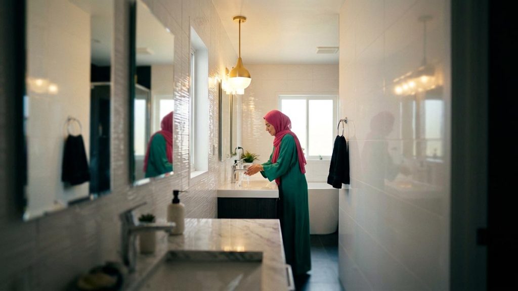 A Muslim woman at a washbasin in a bright, clean washroom, an opening scene for the Dua After Leaving the Bathroom.