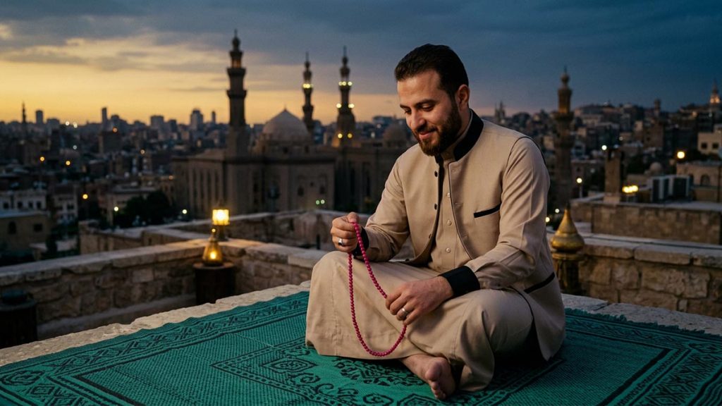 A Muslim man on a terrace as the last colour leaves the sky, an opening scene for the Dua After Maghrib.