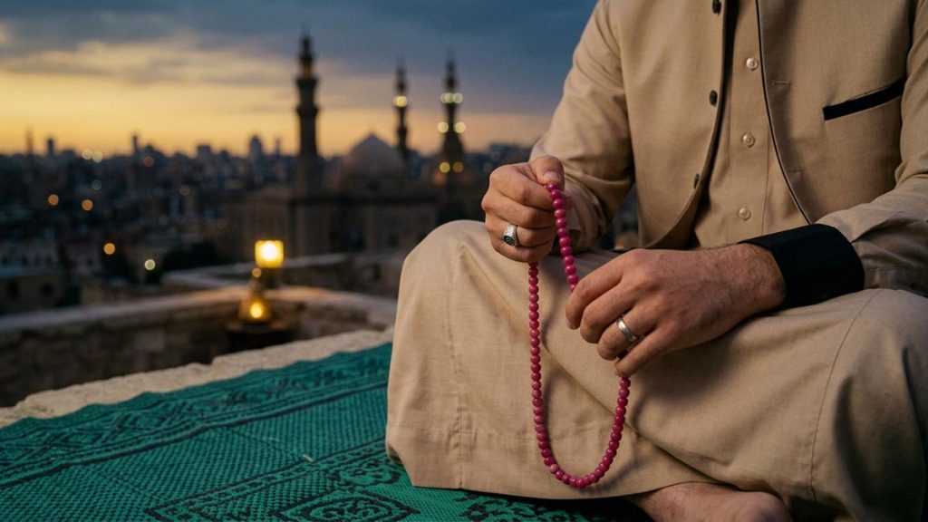 Close view of a Muslim man's hands and the prayer mat and beads during the Dua After Maghrib.