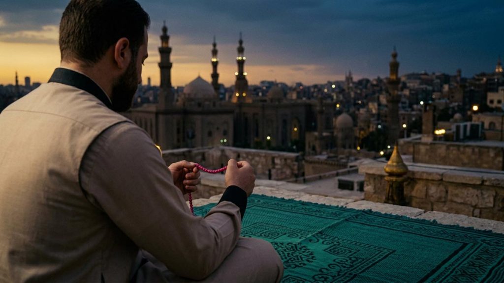 A Muslim man seen from behind on a terrace as the last colour leaves the sky, reflecting the Dua After Maghrib.