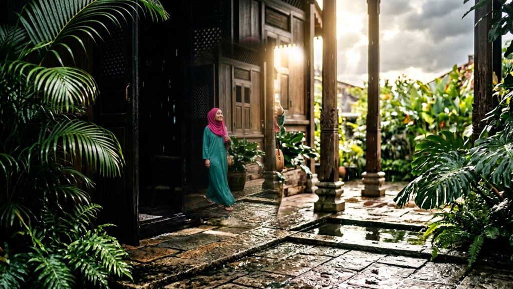A Muslim woman in a courtyard glistening after the rain has passed, an opening scene for the Dua After Rainfall.