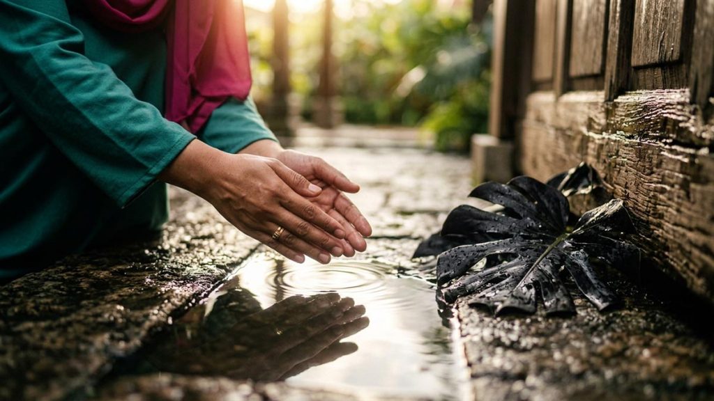 Close view of a Muslim woman's hands and the puddles and wet leaves during the Dua After Rainfall.
