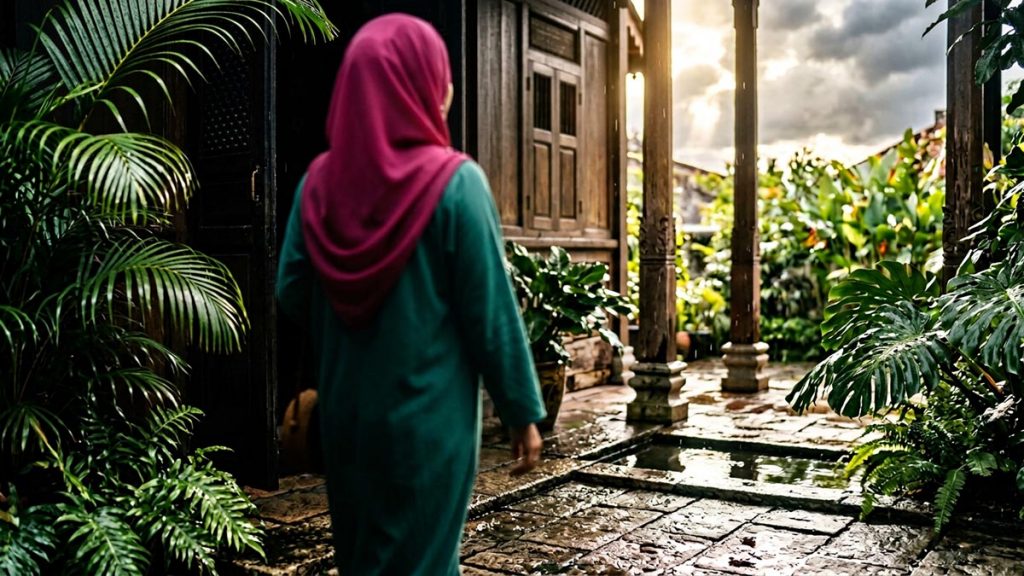 A Muslim woman seen from behind in a courtyard glistening after the rain has passed, reflecting the Dua After Rainfall.
