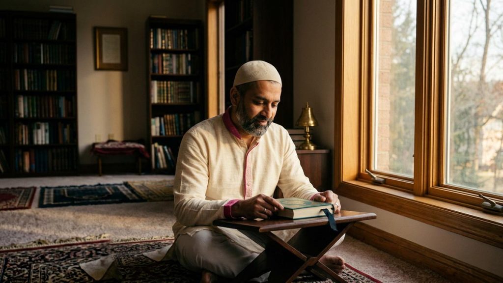 A Muslim man at a low reading table beside a window, an opening scene for the Dua After Reading the Quran.
